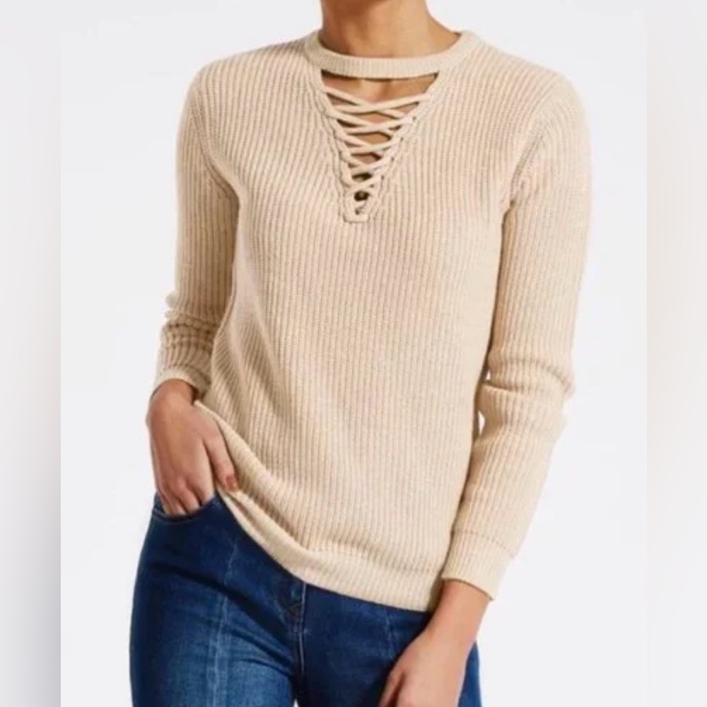 Sophie Rue Lattice Neckline Sweater Size Medium Color Tan